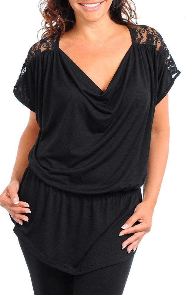 Women's Black Blouson Top With Detail Shoulders-Plus Size - Comfort Styles