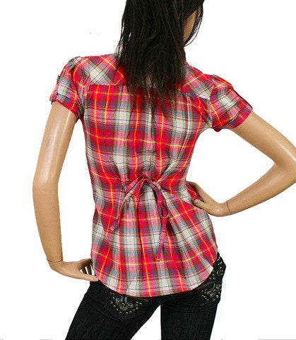 Cute Short Sleeve Button Up Junior Fuchsia Plaid Shirt - Comfort Styles