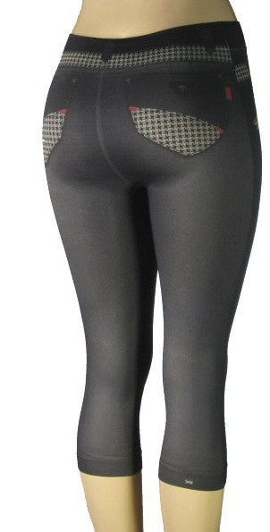 Pant Printed Leggings/Footless Tights with Check Pattern Faux Pockets - Comfort Styles