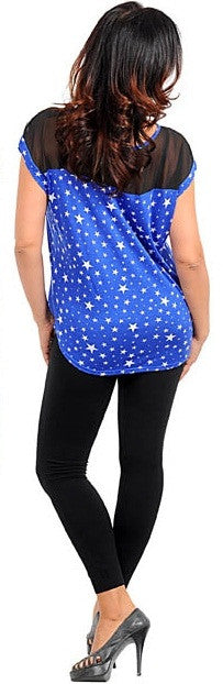 Zenobia royal star print short sleeve top with sheer neckline - Comfort Styles