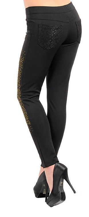 Women's Black Ladies Pants With Lace Detail Pockets - Comfort Styles