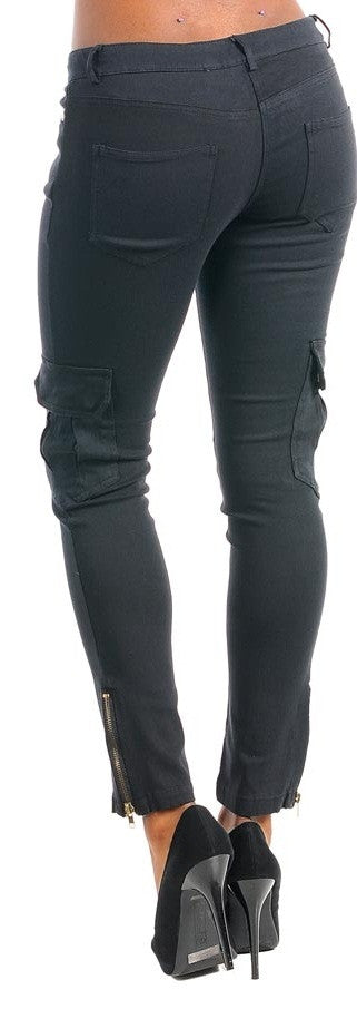 Women's Black Cargo Zipper Skinny Pants - Comfort Styles