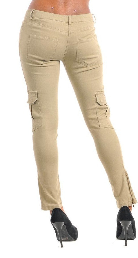 Women's Olive Cargo Zipper Skinny Pants - Comfort Styles