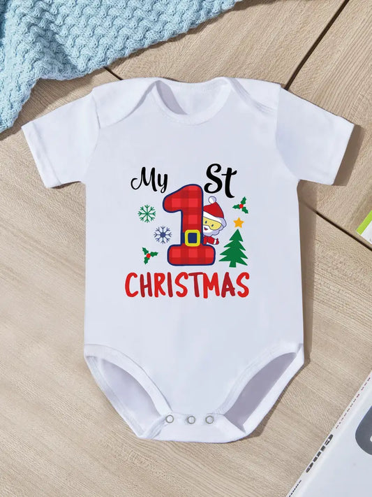 Christmas Baby Clothes Newborn Bodysuit For Unisex Baby Cute Cartoon Letter Print Short Sleeve Romper